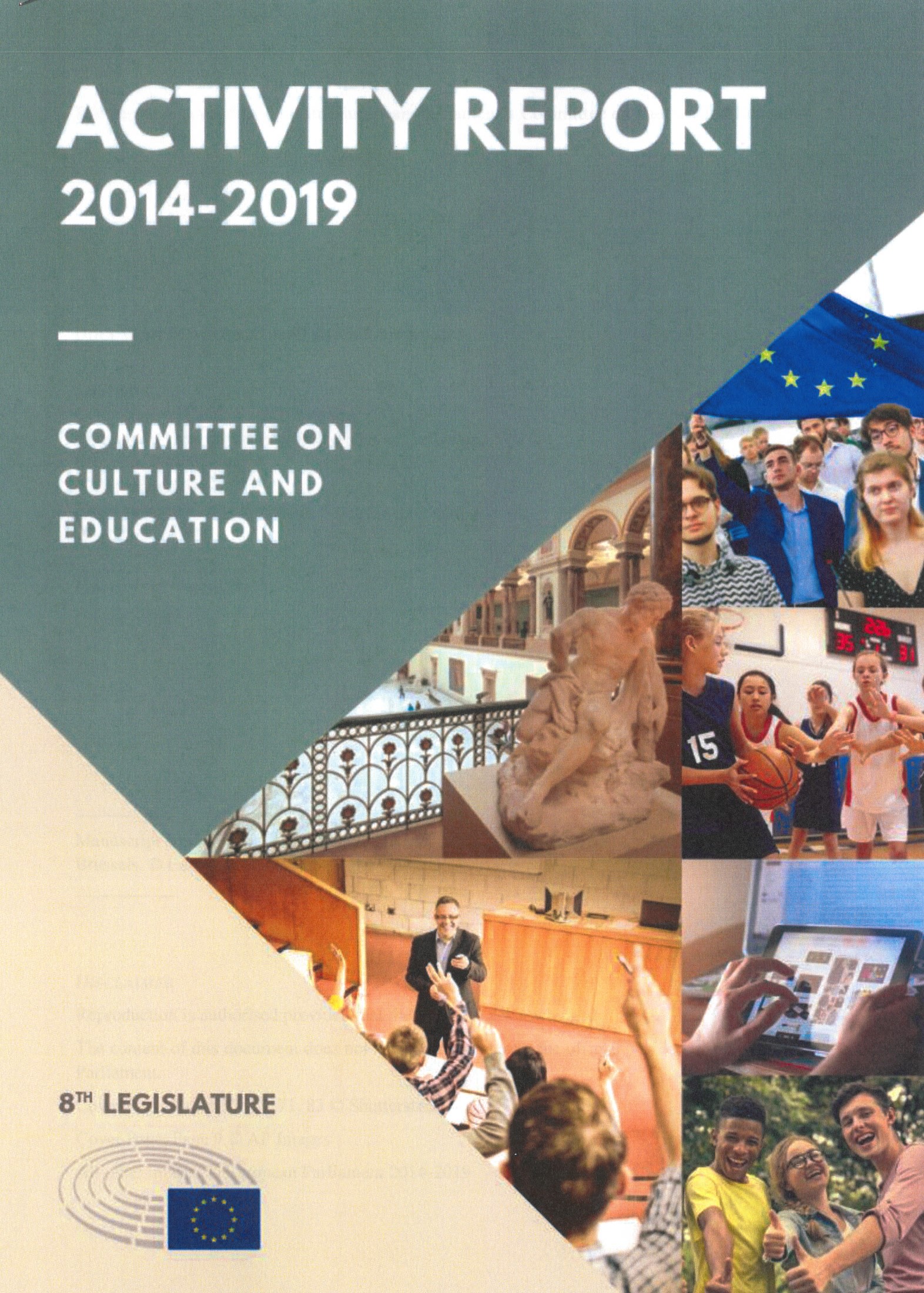 várias fotos com jovens em atividades desportivas, culturais, intercâmbio e o título Activity report 2014-2019: Committee on Culture and Education