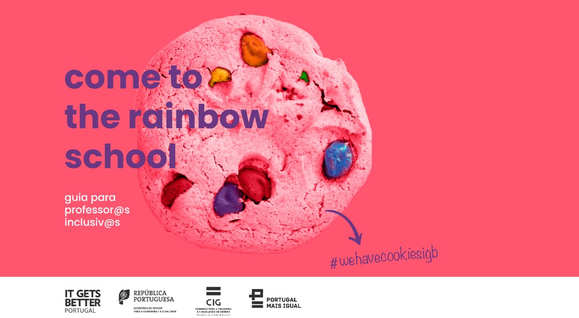imagem de uma bolacha irregular (cookie) e leterring «Come to the rainbow school»