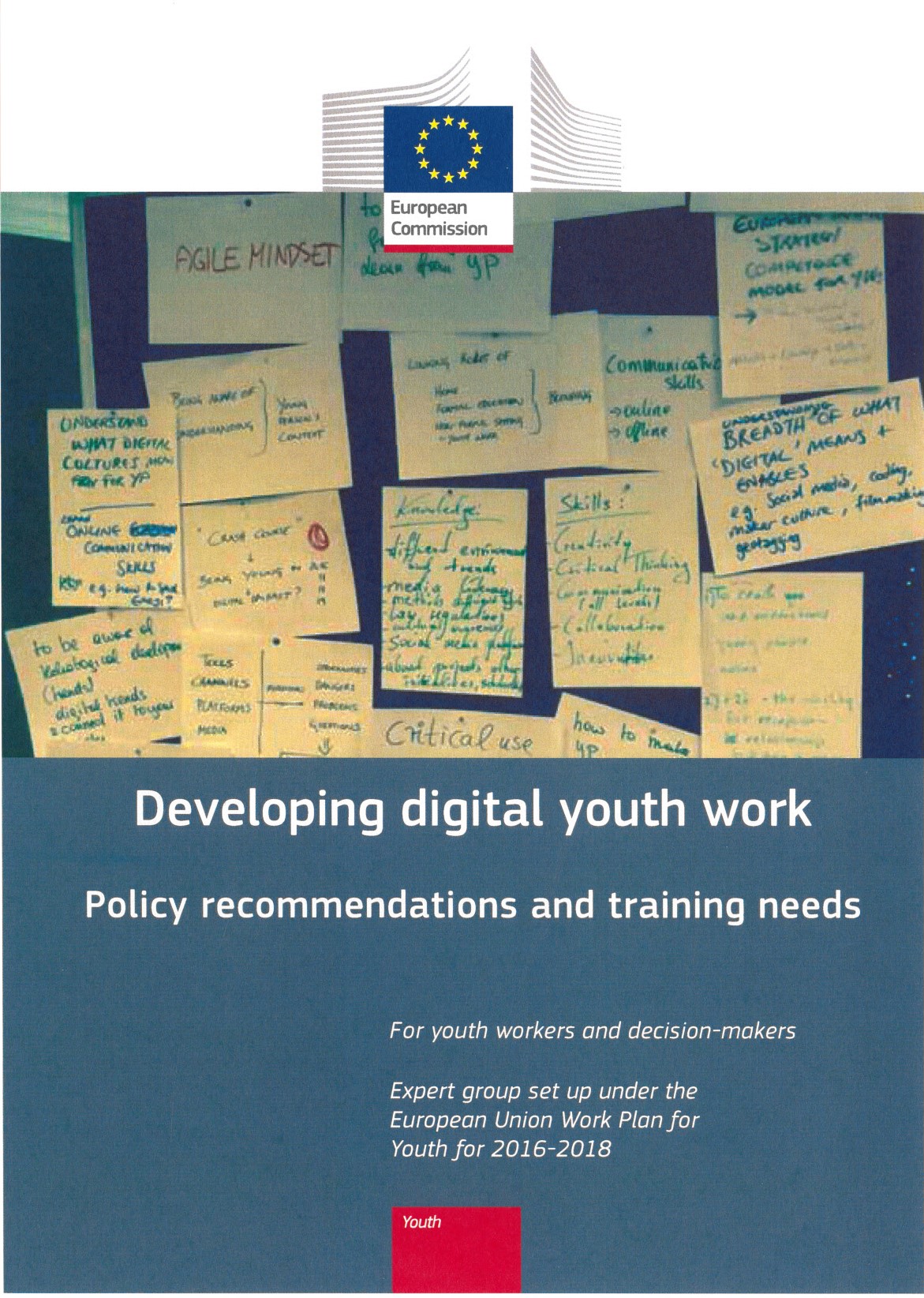 Imagens de post-it com mensagens e lettering «Developing digital youth work : policy recommendations and training needs»
