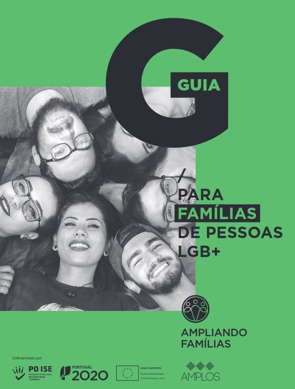 Imagem de jovens a sorrirem e o lettering «Guia para famílias de pessoas LGB+»