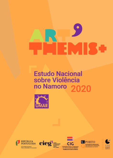 Diferentes tonalidades de laranja com o titulo da obra "ART'THEMIS+ : estudo nacional sobre violência no namoro 2020"