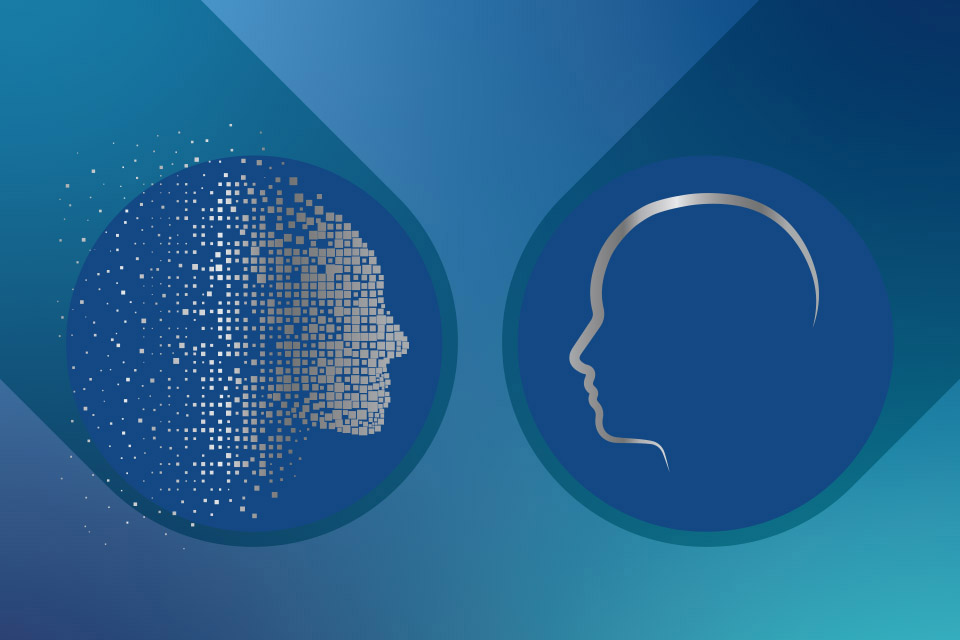 Logotipo do evento «Seminário Internet Segura: Metaverso vs Realidade» - duas faces desenhadas de perfil.
