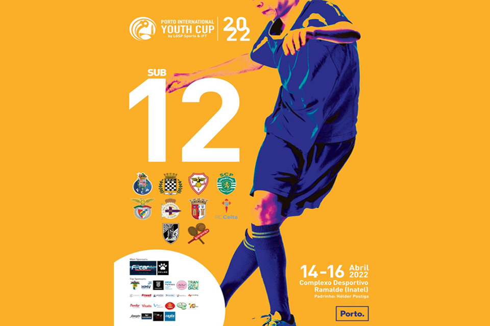 Cartaz da prova Porto International Youth Cup 2022 em fundo amarelo com jogador de futebal