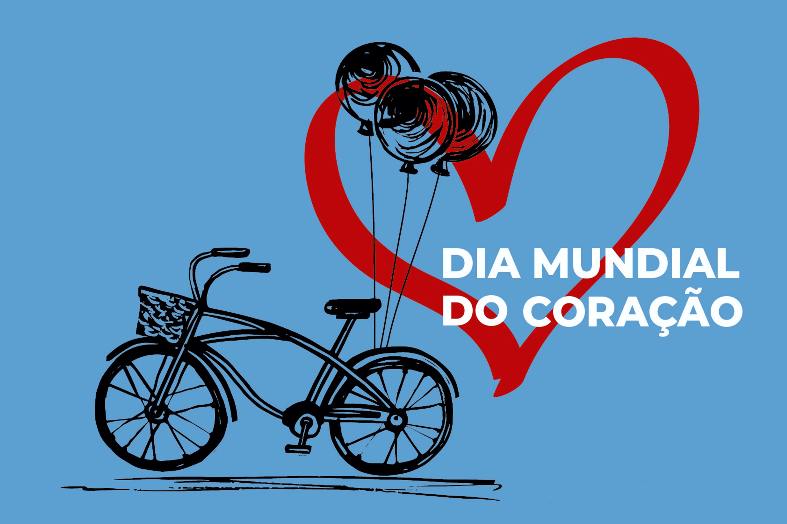 Cartaz com fundo azul com o desenho de uma bicicleta preta, 3 balões pretos presos à bicicleta e o desenho de um coração vermelho com preenchimento a azul, com a frase «Dia Mundial do Coração».
