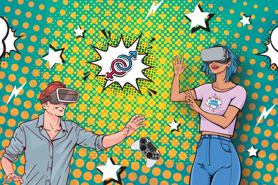 Personagens pop art rapaz e rapariga com óculor de realidade virtual a jogarem videojogo